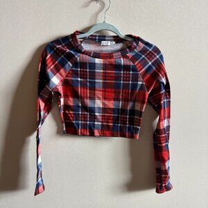Toby long sleeve crop top, orange, blue, and white flannel